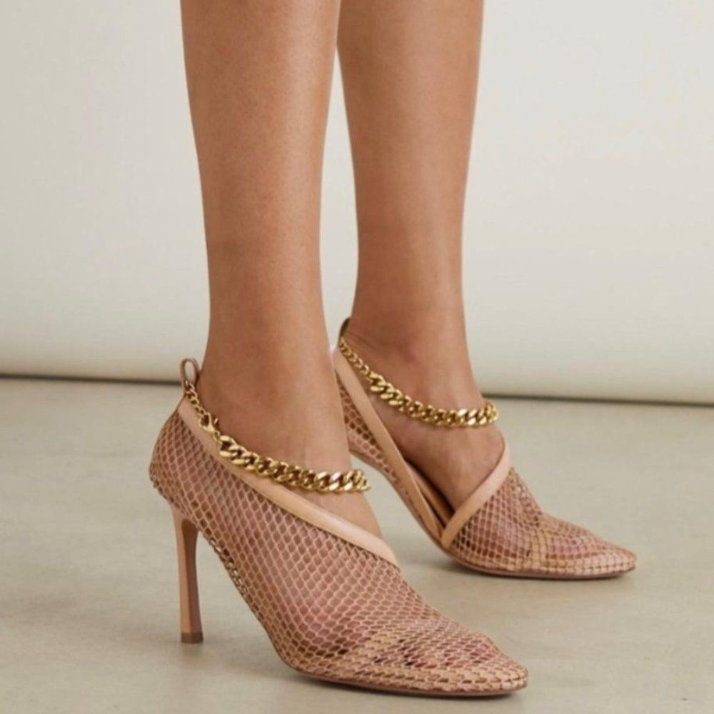 Authentic BOTTEGA VENETA Tan Sand Tex Mesh Gold Trim Runway Sandals Size… - Picture 2 of 16